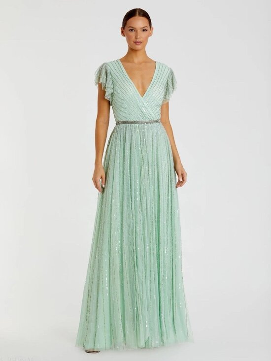 Mac Duggal Dresses & Skirts - Mac Duggal Size 16 Green Sequin Beaded V-Neck Ruffle Cap Sleeve Maxi Ball Gown B